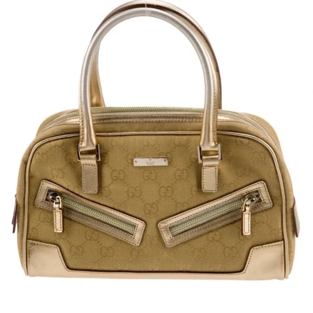 SALE! Vintage Gucci Princy GG Logo Gold Bowler Boston Bag Satchel Canvas Leather - Picture 11 of 16